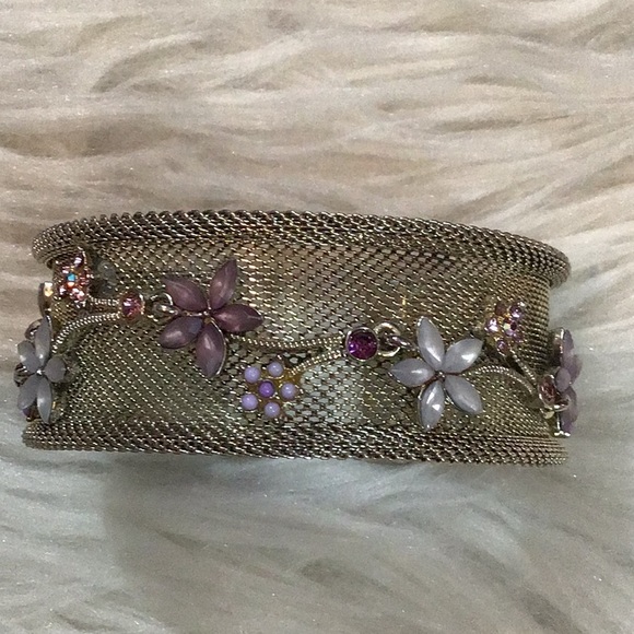 Jewelry - Silver Mesh Floral Enamel & Rhinestone Bracelet